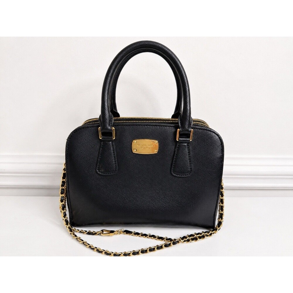 Michael Kors Black Saffiano Leather Satchel Crossbody Bag Gold Chain Strap